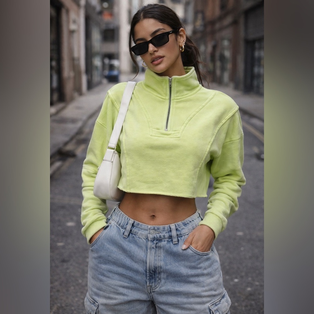 Neon Green Cropped Half Zip Pullover | Trendy Streetwear Sweatshirt